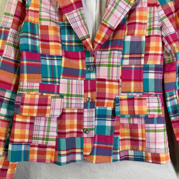 SAM TY Blazer 6 Madras‎ Plaid Patchwork Cotton Crystal Buttons Lined Preppy - Picture 6 of 14